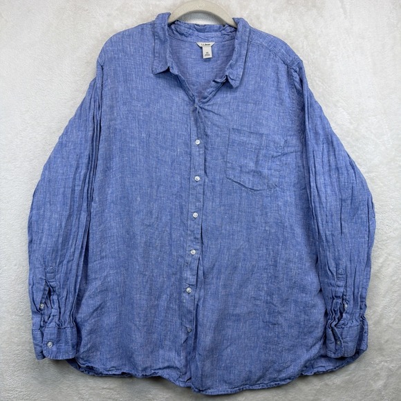 L.L. Bean Tops - L.L.Bean Linen Shirt Womens 3X Blue Button Front Long Sleeve Beach Coastal